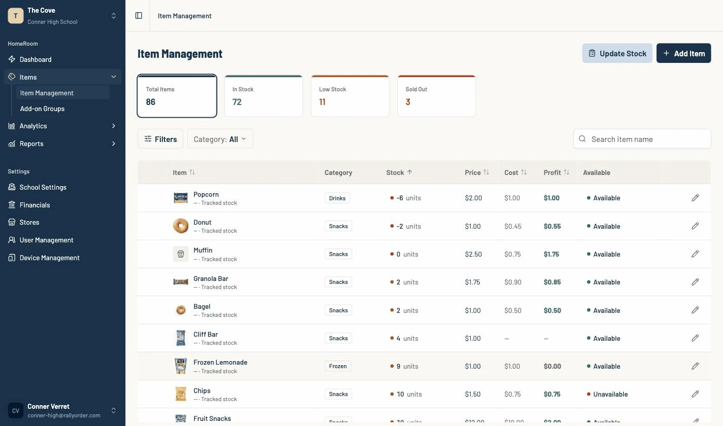 Item Management on a demo store: stock, price, cost, and profit in one list.